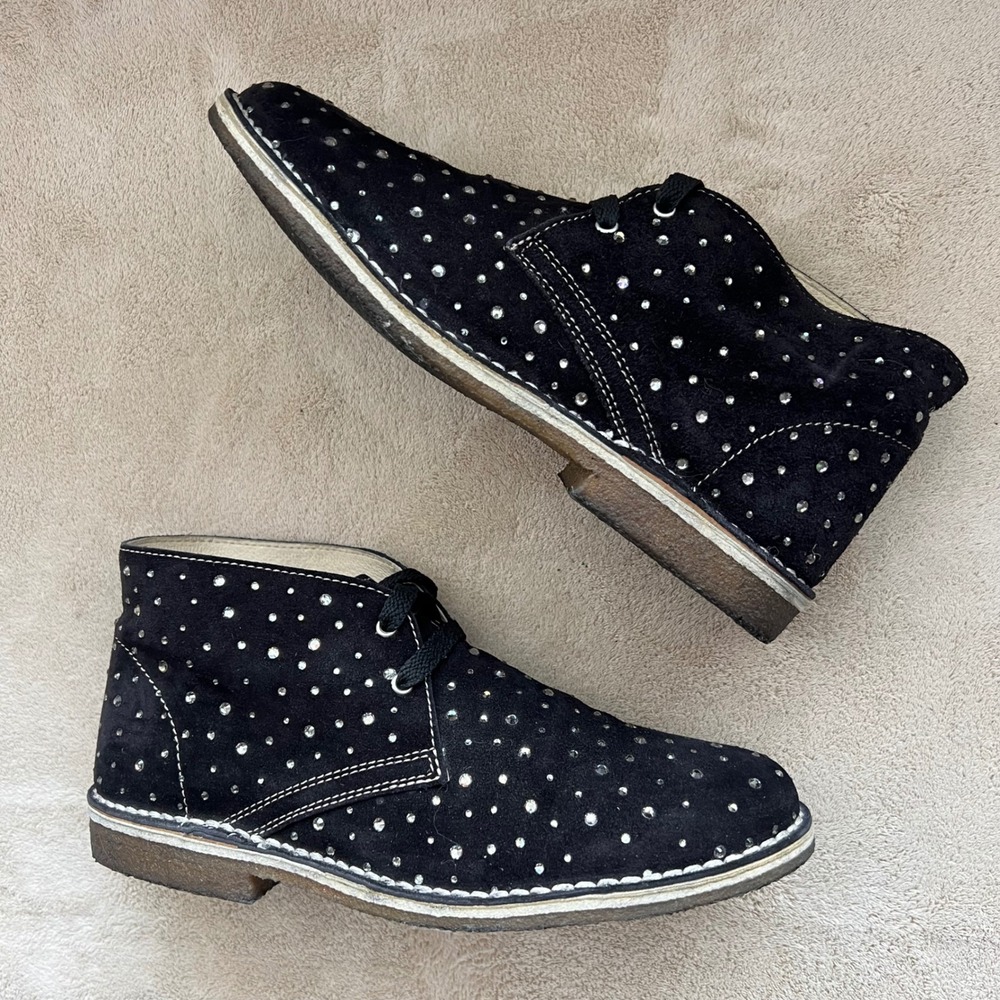 Loriblu Women 6.5 EU 37 Black Suede Crystal Embellished Lace Up Ankle Boot Italy